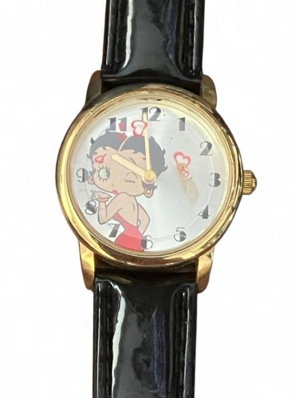 Betty Boop Women’s Quartz Analog Watch Gold Tone  Black Faux Leather Strap